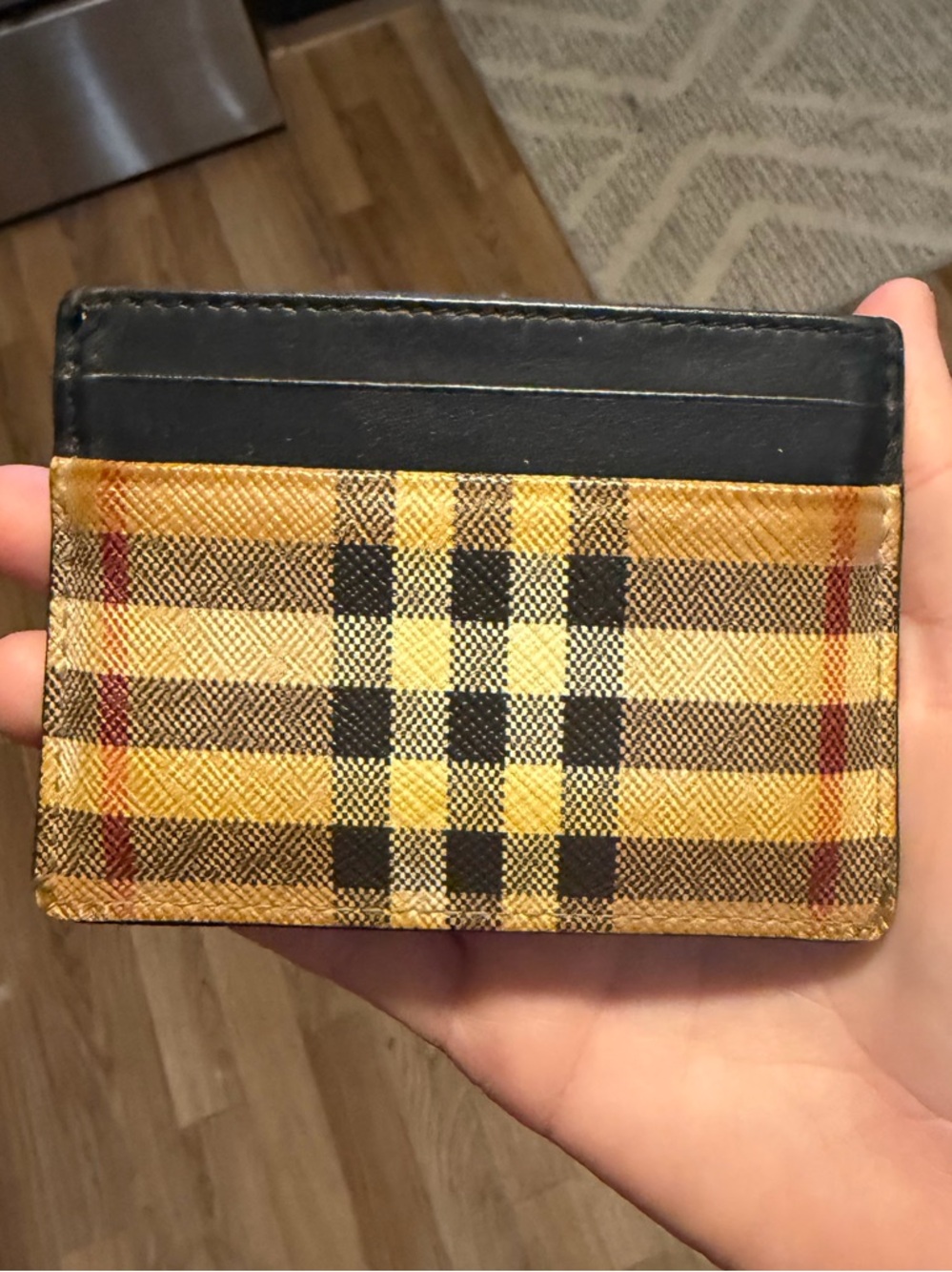 Authentic Burberry Yellow Plaid and Black Leather Card Holder